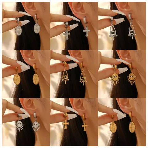 Stainless Steel Hoop Dangle Earrings Gold Silver Plated Cross Evil Eye Virgin Mary Medal Religious Jewelry For Women