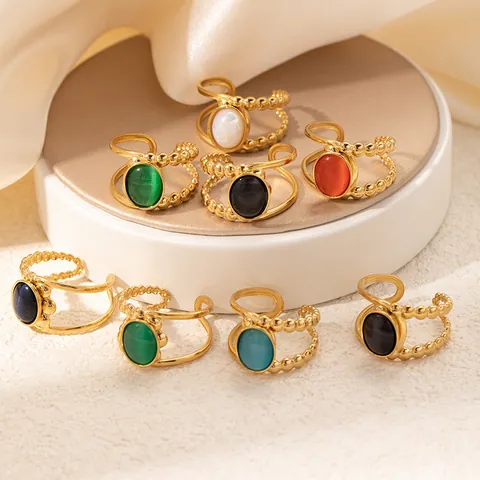 Vintage Titanium Steel Gold Plated Open Ring For Women Adjustable Beaded Double Layer Oval Cat's Eye Stone Jewelry Ring