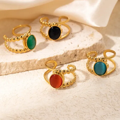 Vintage Titanium Steel Gold Plated Open Ring For Women Adjustable Beaded Double Layer Oval Cat's Eye Stone Jewelry Ring