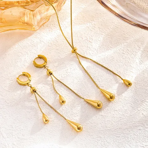 Stainless Steel Waterdrop Tassel Necklace And Drop Earrings Adjustable Snake Bone Chain Jewelry For Women Gold Plated Fashion Gift