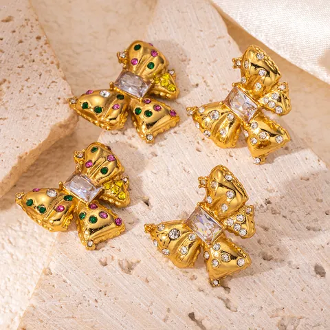 Vintage Stainless Steel Rhinestone Earrings For Women Gold Plated Colorful Zircon Geometric Stud Earrings Luxury Jewelry
