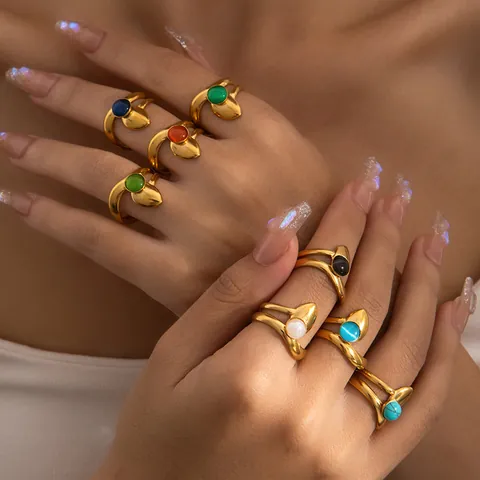 Bohemian Gold Plated Stainless Steel Open Ring Vintage Colorful Stone Leaf Adjustable Band Ring For Women Jewelry