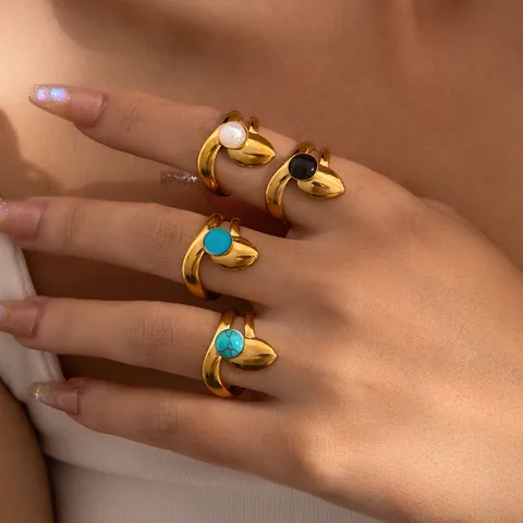 Bohemian Gold Plated Stainless Steel Open Ring Vintage Colorful Stone Leaf Adjustable Band Ring For Women Jewelry