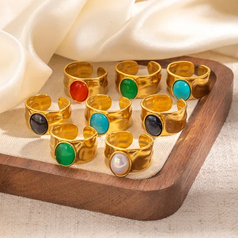 Vintage Stainless Steel Open Adjustable Ring Hammered Texture Gold Plated Oval Stone Rings For Women Fashion Jewelry Gift