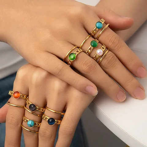 Vintage Titanium Steel Gold Plated Double Layer Open Adjustable Ring For Women Chain Texture Rhinestone Geometric Finger Ring Jewelry