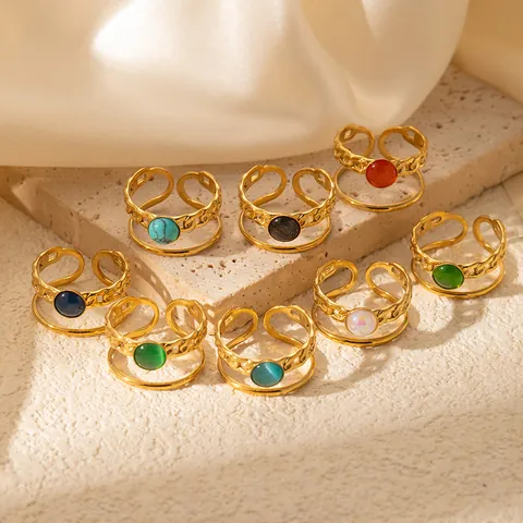 Vintage Titanium Steel Gold Plated Double Layer Open Adjustable Ring For Women Chain Texture Rhinestone Geometric Finger Ring Jewelry