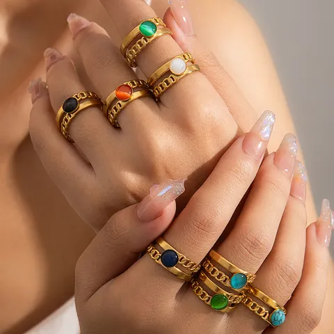 Vintage Double Layer Titanium Steel Open Ring For Women Gold Plated Chain Texture Adjustable Colorful Round Gemstone Ring
