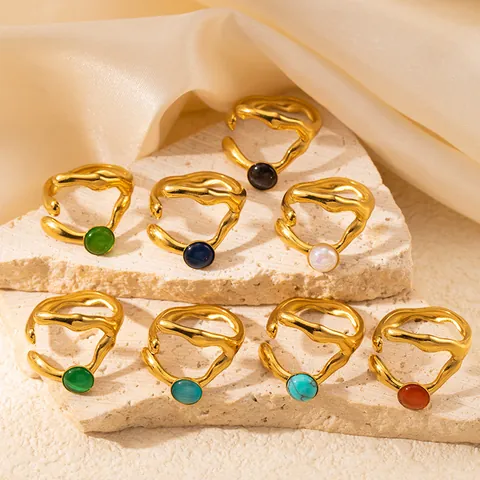 Irregular Stainless Steel Lava Open Ring For Women Vintage Gold Plated Adjustable Liquid Metal Geometric Round Stone Ring