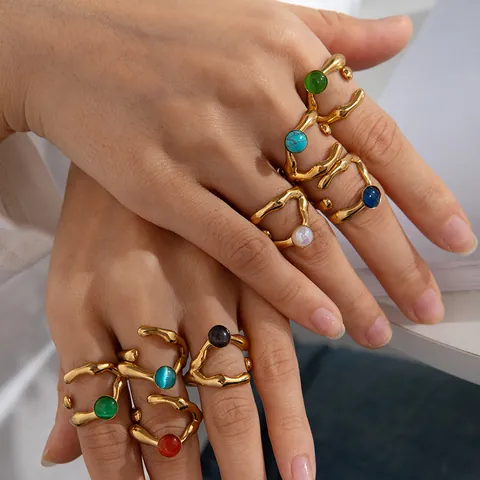 Irregular Stainless Steel Lava Open Ring For Women Vintage Gold Plated Adjustable Liquid Metal Geometric Round Stone Ring