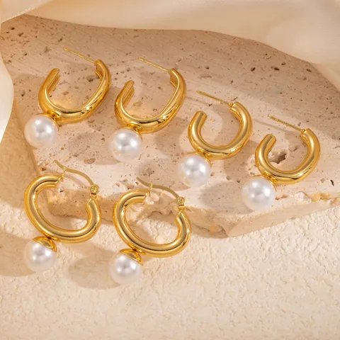 Orecchini Pendenti con Perla Artificial in Acciaio Inossidabile Oro Stile Palazzo Francese per Donna Eleganti Orecchini Geometrici Tondi