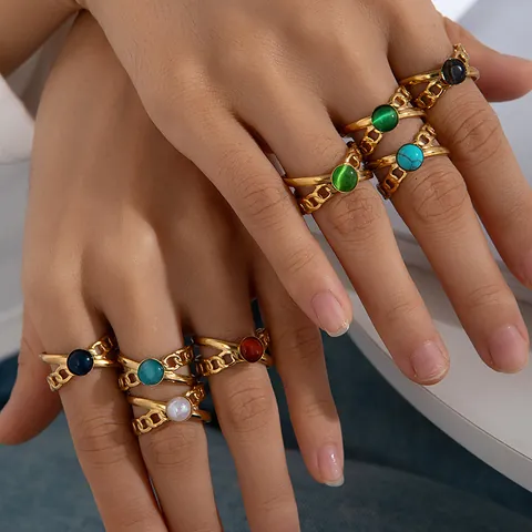 Vintage Titanium Steel Adjustable Ring For Women Geometric Gold Plated Colorful Gemstone Inlaid Chain Finger Ring Jewelry