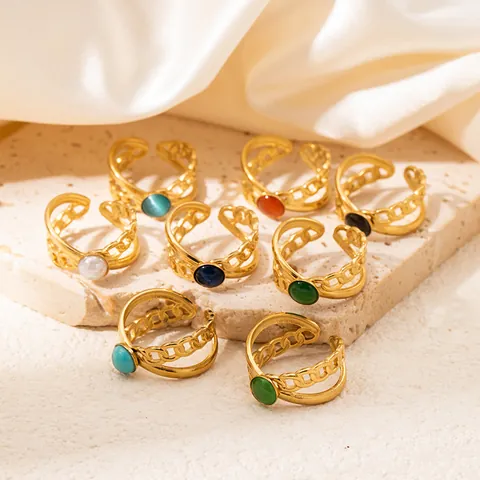 Vintage Titanium Steel Adjustable Ring For Women Geometric Gold Plated Colorful Gemstone Inlaid Chain Finger Ring Jewelry
