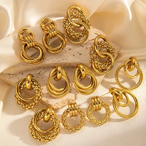 Vintage Titaniumstaal Goud Oorbellen Voor Dames Cirkelvormig Hol Ontwerp Meerlaags Vergulde Oorbellen Sieraden Cadeau