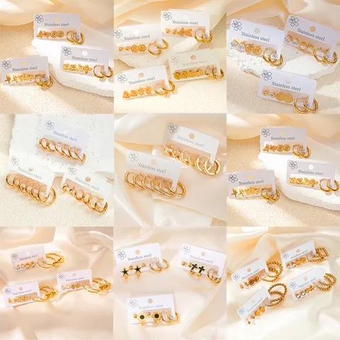 Fashion Stainless Steel Rhinestone Earrings Geometric Heart Star Flower Design Gold Plated Jewelry For Women Girls Gift