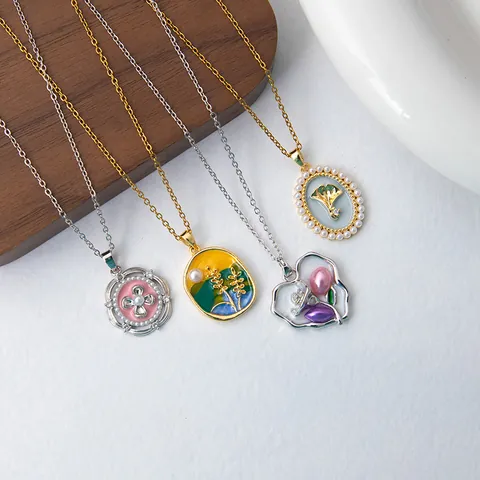 French Retro Stainless Steel Enamel Flower Pendant Necklace Elegant Tulip Ginkgo Butterfly Artificial Pearl Zirconia Jewelry For Women