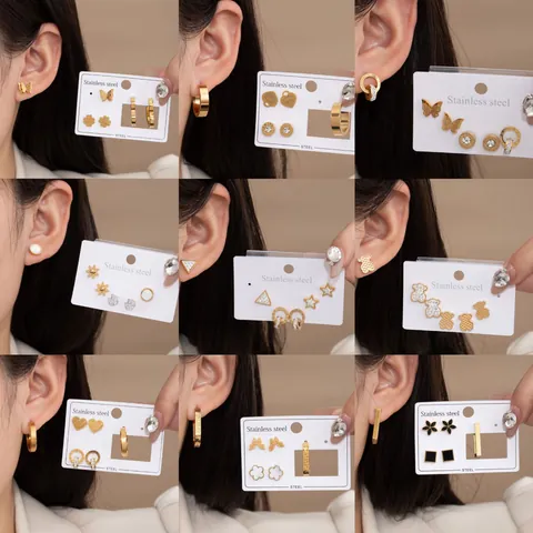 Lot 3 Paires Boucles d'Oreilles Acier Inoxydable Plaqué Or 18K Strass Fleur Coeur Papillon Chiffres Romains Clous Anneaux Femmes