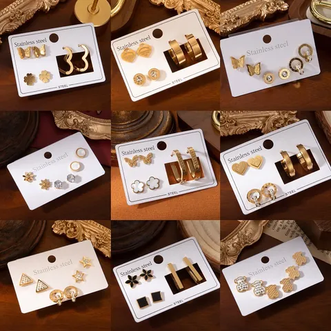 Lot 3 Paires Boucles d'Oreilles Acier Inoxydable Plaqué Or 18K Strass Fleur Coeur Papillon Chiffres Romains Clous Anneaux Femmes