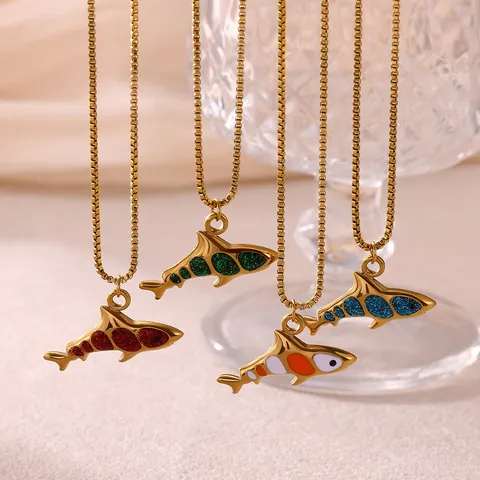 Ocean Style 304 Stainless Steel Pendant Necklace Gold Plated Colorful Enamel Shark Manta Ray Fish Sweater Chain For Women Men