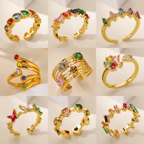 304 Stainless Steel Multilayer Adjustable Open Ring Colorful Rhinestone Evil Eye Heart Butterfly Fashion Jewelry For Women