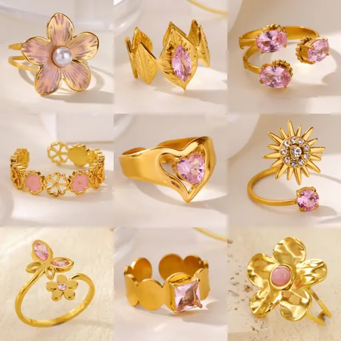 Stainless Steel Pink Rhinestone Heart Flower Open Ring For Women Vintage Elegant Gold Plated Adjustable Fashion Jewelry Gift