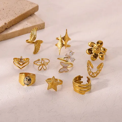304 Stainless Steel Gold Plated Open Ring For Women Wings Crown Flower Rhinestone Dalmatian Stone Adjustable Finger Jewelry