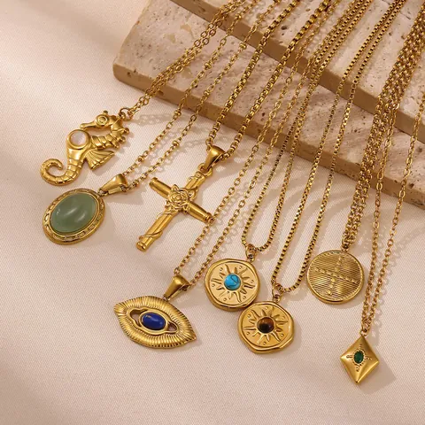 Vintage Elegante Roestvrijstalen Hanger Halsketting Groene Smaragd Turkoois Kruis Boze Oog Zeepaardje Lippen Sieraden