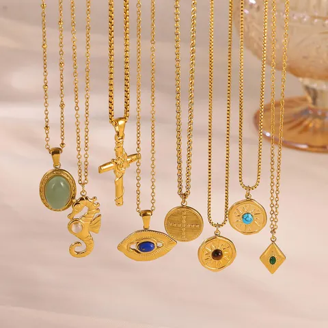 Vintage Elegante Roestvrijstalen Hanger Halsketting Groene Smaragd Turkoois Kruis Boze Oog Zeepaardje Lippen Sieraden
