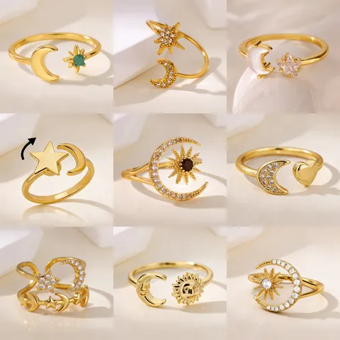 Celestial 304 Stainless Steel Gold Plated Open Ring For Women Vintage Star Moon Sun Pattern Adjustable Zircon Jewelry