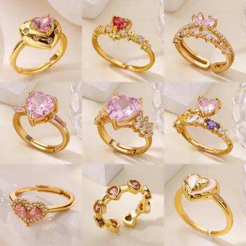 18K Gold Plated Heart Zirconia Open Ring Pink Zirconia Geometric Adjustable Ring Minimalist Jewelry Gift For Women