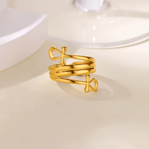 Stainless Steel 18K Gold Plated Open Ring For Women Cross Virgin Mary DNA Helix Ankh Adjustable Religious Band Jewelry