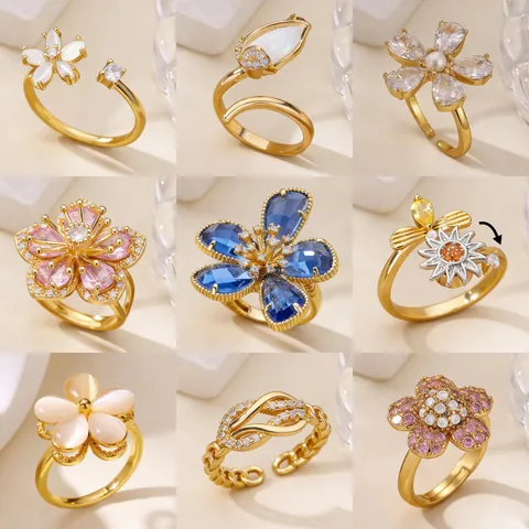 Anillo Abierto de Flor de Circonia de Lujo Vintage para Mujer de Cobre Chapado en Oro Ajustable Floral para Boda Fiesta Joyería