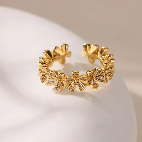 Anillo Abierto de Flor de Circonia de Lujo Vintage para Mujer de Cobre Chapado en Oro Ajustable Floral para Boda Fiesta Joyería