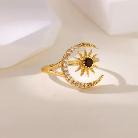 Celestial 304 Stainless Steel Gold Plated Open Ring For Women Vintage Star Moon Sun Pattern Adjustable Zircon Jewelry