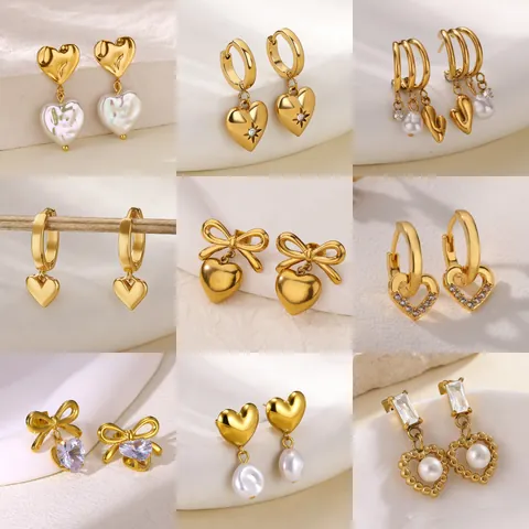 18K Gold Plated 304 Stainless Steel Heart Pearl Bowknot Earrings Elegant Rhinestone Dangle Jewelry For Women
