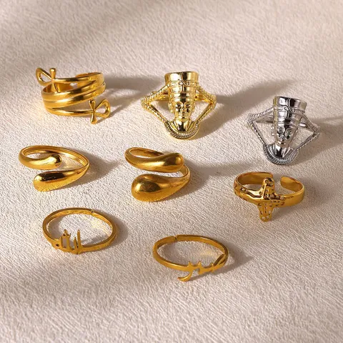 Stainless Steel Adjustable Open Ring For Women Egypt Nefertiti Ankh Arabic Infinity Cross Gold Silver Finger Ring