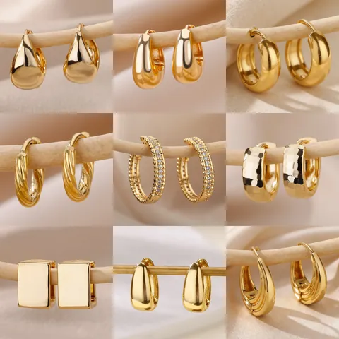 18K Gold Plated Copper Hoop Earrings Minimalist Geometric Zirconia Inlaid Water Drop Square Hammered Huggie Earrings For Women Fashion Jewelry