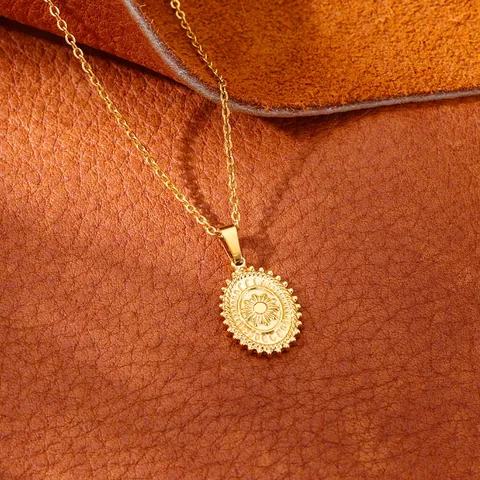 Sun Embossed Oval Medallion Pendant Necklace Stainless Steel Retro Bohemian Style Dainty Jewelry For Women