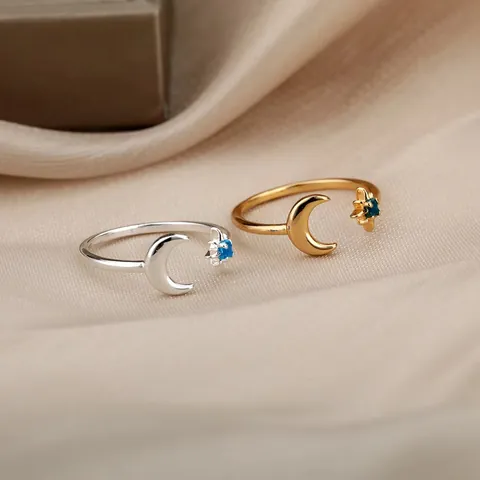 Bohemian Stainless Steel Open Adjustable Ring For Women Vintage Gold Silver Celestial Star Moon Flower Jewelry Ring
