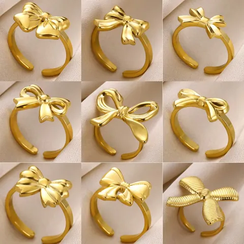 Light Luxury Stainless Steel Bowknot Open Ring For Women Adjustable Gold Silver Color Minimalist Elegant Finger Jewelry Gift