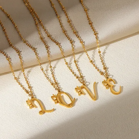 Trendy Stainless Steel Initial Letter Necklace For Women Gold Plated Butterfly Pendant Satellite Chain Delicate Jewelry