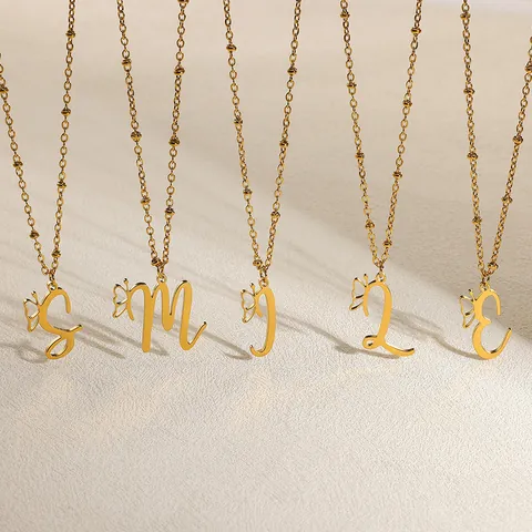 Trendy Stainless Steel Initial Letter Necklace For Women Gold Plated Butterfly Pendant Satellite Chain Delicate Jewelry