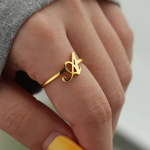 Stainless Steel Initial Letter Open Ring Adjustable Gold Plated Cursive Script Personalized Jewelry For Women