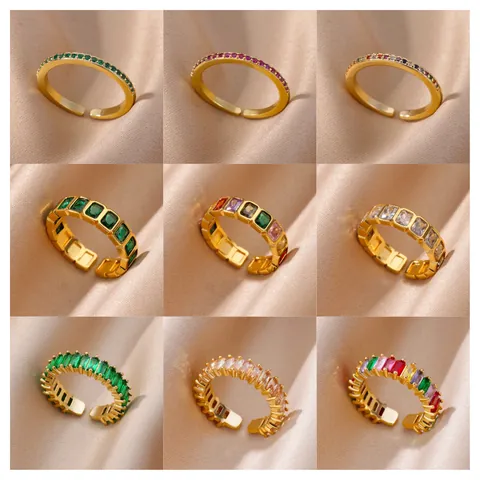 18K Gold Plated Copper Colorful Zirconia Ring Minimalist Adjustable Open Rainbow Eternity Band Jewelry For Women Party Gift