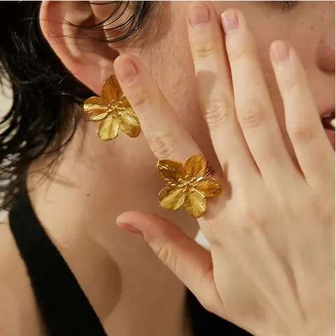 Chic Gold Flower Jewelry Collection Stainless Steel Textured Five Petal Floral Stud Earrings Adjustable Ring Open Bangle For Women Accessory