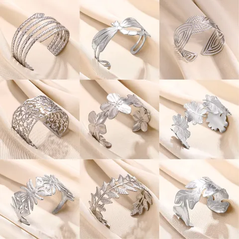 Fashion Stainless Steel Cuff Bracelet For Women Hollow Out Geometric Flower Leaf Adjustable Opening Bangle Jewelry Gift