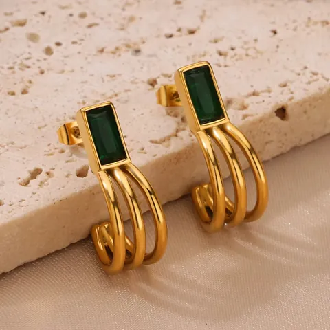 Orecchini a Bottone in Acciaio Inossidabile Oro Irregolari Vintage per Donna Strass Verde Smeraldo Spirale Gioielli Retro