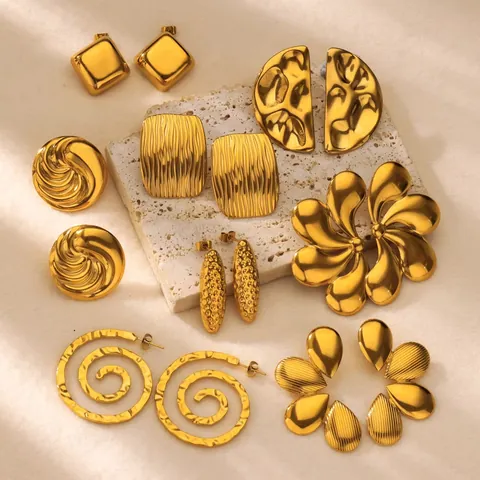 Pendientes de Botón de Acero Inoxidable Oro Vintage para Mujer Geométricos Irregulares Pétalos Corazón Gota de Agua Joyería
