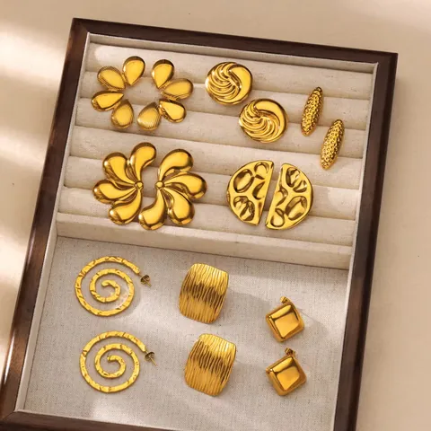 Pendientes de Botón de Acero Inoxidable Oro Vintage para Mujer Geométricos Irregulares Pétalos Corazón Gota de Agua Joyería