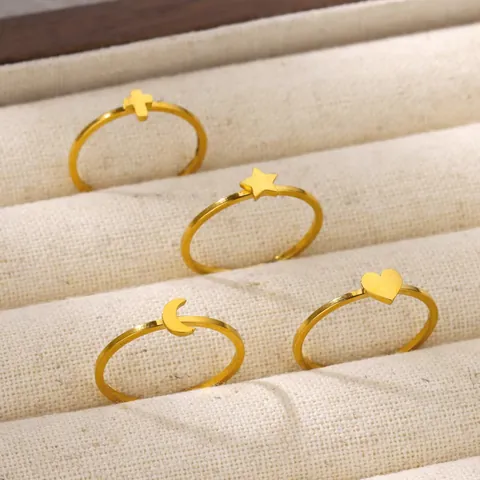 Minimalist Stainless Steel Open Adjustable Ring Women Gold Silver Star Moon Heart Cross Sun Flame Simple Jewelry Gift