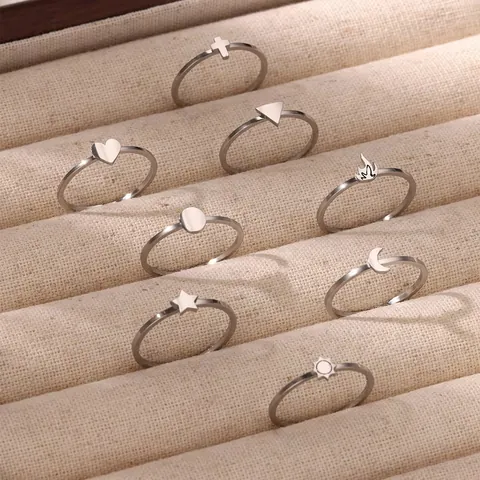 Minimalist Stainless Steel Open Adjustable Ring Women Gold Silver Star Moon Heart Cross Sun Flame Simple Jewelry Gift